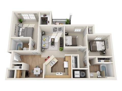Floor plan for 3 beds, 2 baths, 1197 sqft